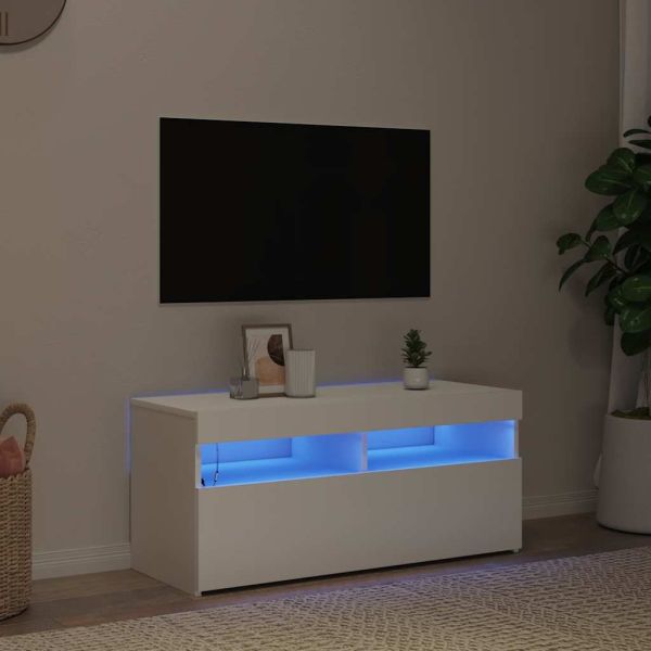 ТВ шкаф с LED осветление, бял, 90x35x40 см