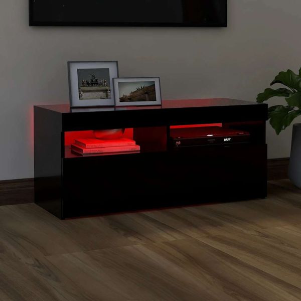 ТВ шкаф с LED осветление, черен, 90x35x40 см