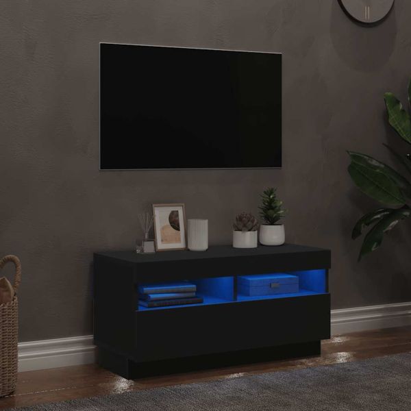 ТВ шкаф с LED осветление, черен, 80x35x40 см