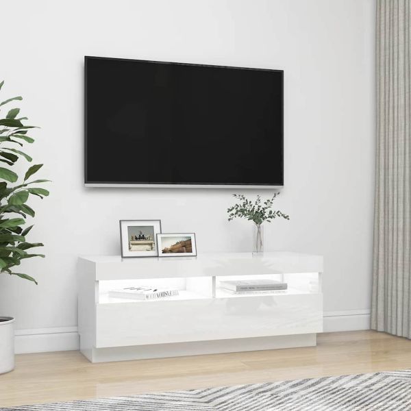ТВ шкаф с LED осветление, бял гланц, 100x35x40 см