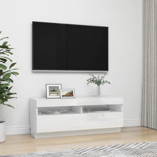 ТВ шкаф с LED осветление, бял гланц, 100x35x40 см