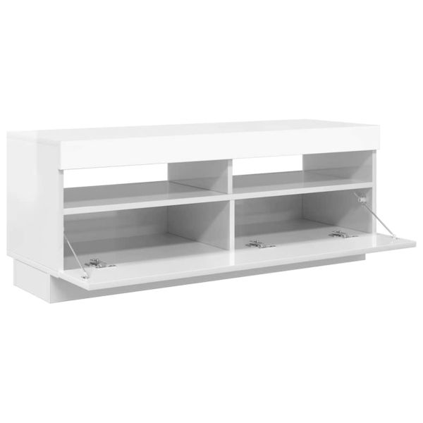 ТВ шкаф с LED осветление, бял гланц, 100x35x40 см