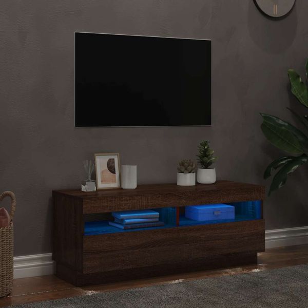 ТВ шкаф с LED осветление, кафяв дъб, 100x35x40 см