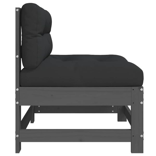 Среден диван с възглавници, сив, борово дърво масив