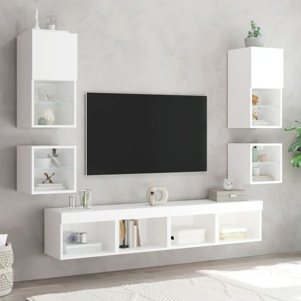 Стенен ТВ шкаф с LED осветление, бял, 30x28,5x30 см