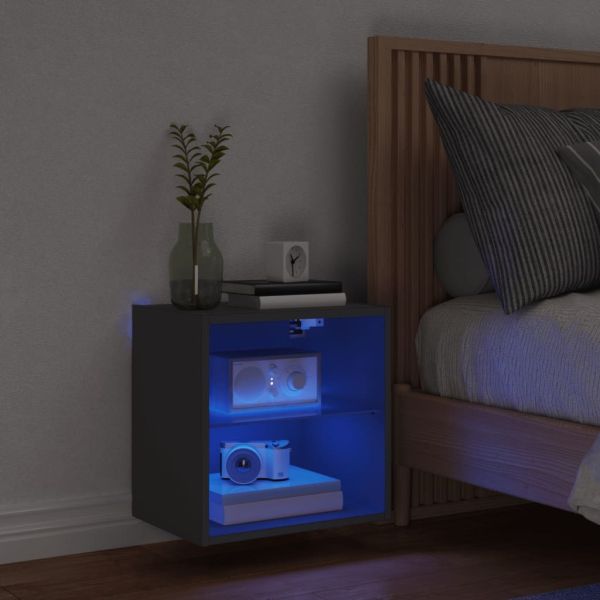 Нощно шкафче с LED осветление, черен, за стенен монтаж