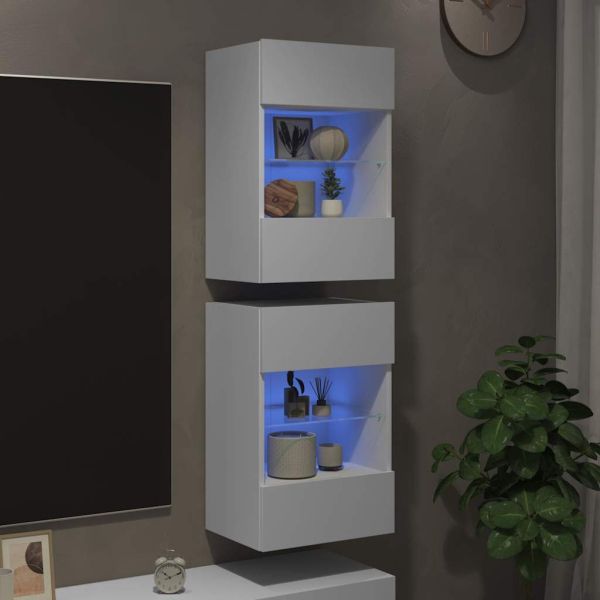 Стенни шкафове с LED светлини за телевизор, 2 бр, бели, 40x30x60,5 см