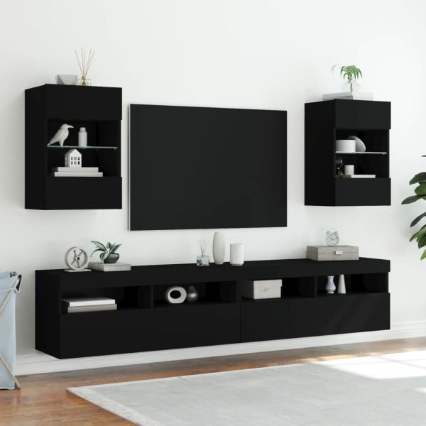 Стенен ТВ шкаф с LED осветление, черен, 40x30x60,5 см