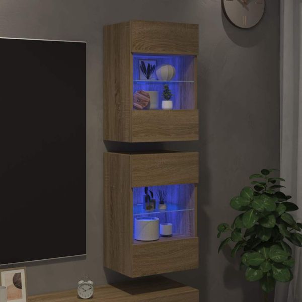 Стенни шкафове с LED светлини за телевизор, 2 бр, сонома дъб, 40x30x60,5 см