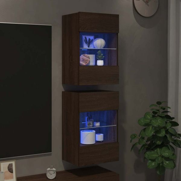 Стенни шкафове с LED светлини за телевизор, 2 бр, кафяв дъб, 40x30x60,5 см