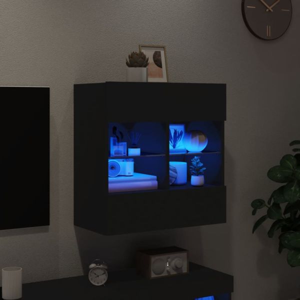 Стенен ТВ шкаф с LED осветление, черен, 58,5x30x60,5 см