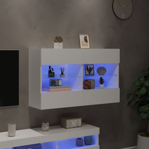 Стенен ТВ шкаф с LED осветление, бял, 98,5x30x60,5 см