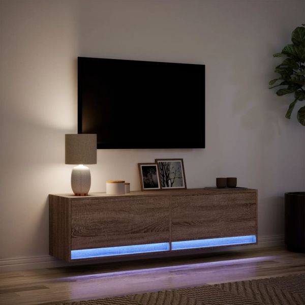Стенен ТВ шкаф с LED осветление, кафяв дъб, 140x31x38 см