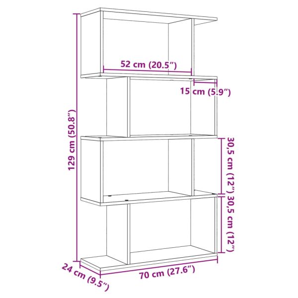 Разделител за стая / библиотека 4 нива сив сонома 70x24x129 см
