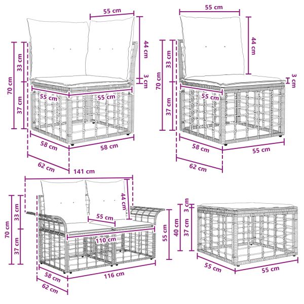 Градински Софа Комплект 12 pcs Черно и тъмно сиво полиратан