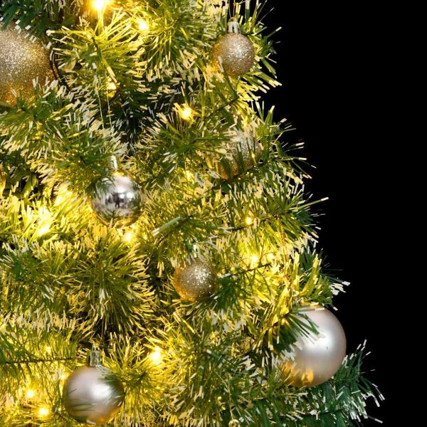 Изкуствена коледна елха, 150 LED, топки и флокиран сняг, 150 см
