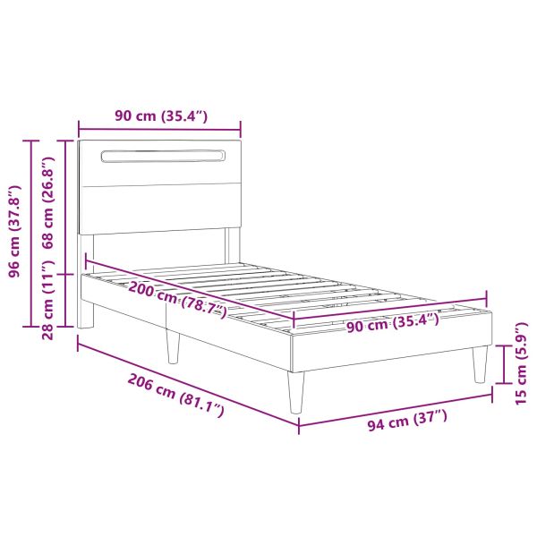 Рамка за легло с LED ленти Бяло 90 x 200 cm Изкуствена