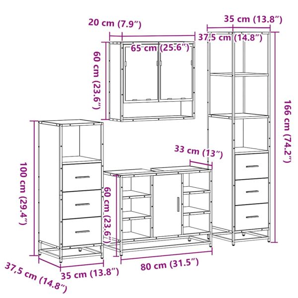 Комплект мебели за баня от 4 части, опушен дъб, инженерно дърво
