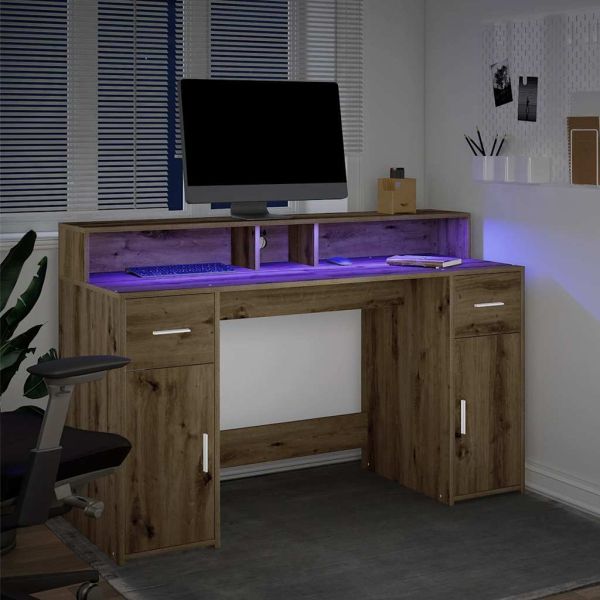 Бюро с LED осветление дъб артизан 140x55x91 см инженерно дърво