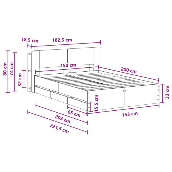 Леглово рамо с хранилище Черно 150 x 200 cm Инженерна дървесина