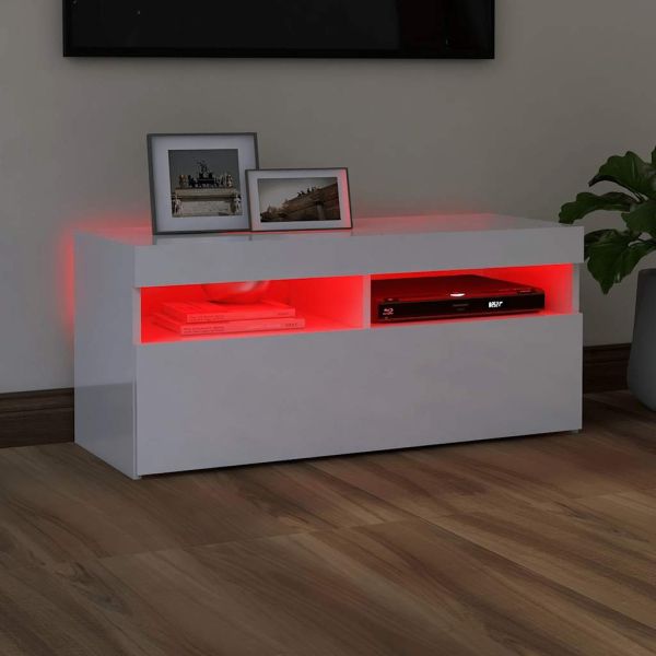 ТВ шкаф с LED осветление, бял гланц, 90x35x40 см