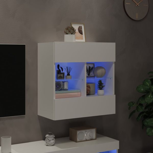 Стенен ТВ шкаф с LED осветление, бял, 58,5x30x60,5 см