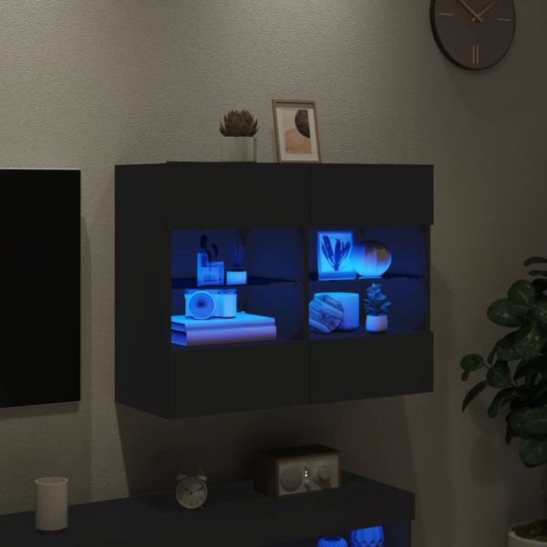 Стенен ТВ шкаф с LED осветление, черен, 78,5x30x60,5 см