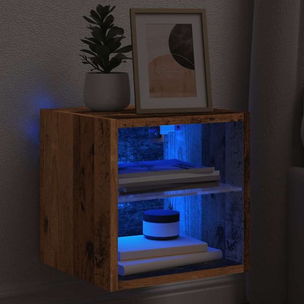 ТВ шкаф за стена с LED осветление Старо дърво 30x28,5x30 cm