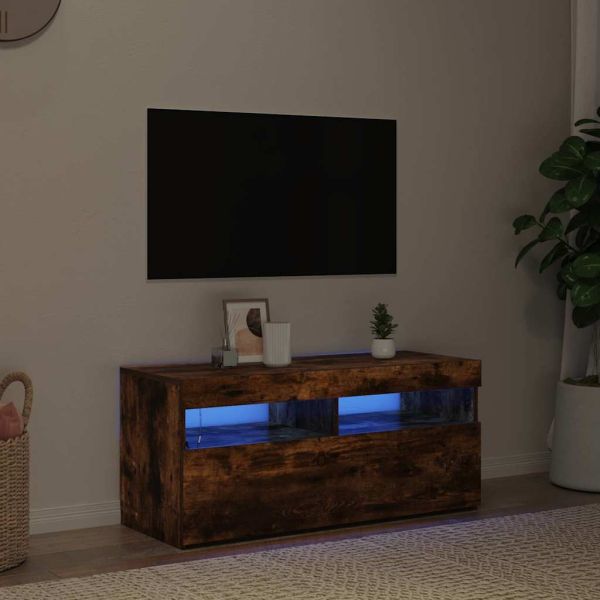 ТВ шкаф с LED осветление, опушен дъб, 90x35x40 см