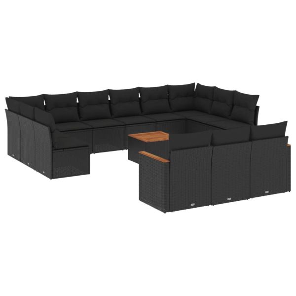 Градински диван с възглавници, 14 части, черен, полиратан