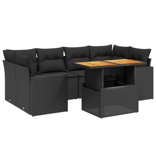 Градински комплект диван с възглавници 7 части черен полиратан