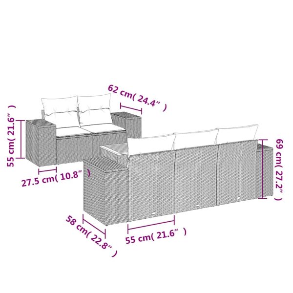 Градински диван с възглавници, 6 части, черен, полиратан