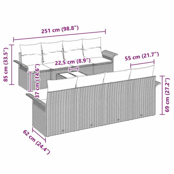 Градински Софа Комплект с възглавница 9 pcs Черно полиратан