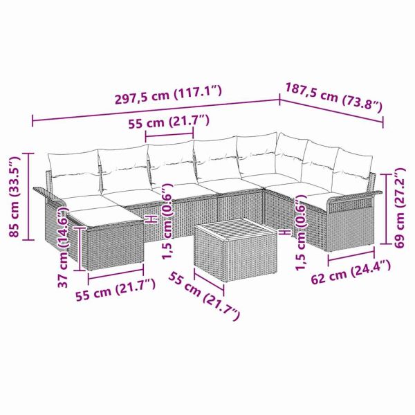 Градински Софа Комплект с възглавница 9 pcs Черно полиратан