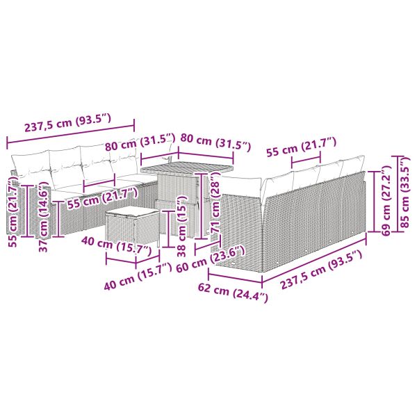 Градински Софа Комплект 11 pcs Черно полиратан