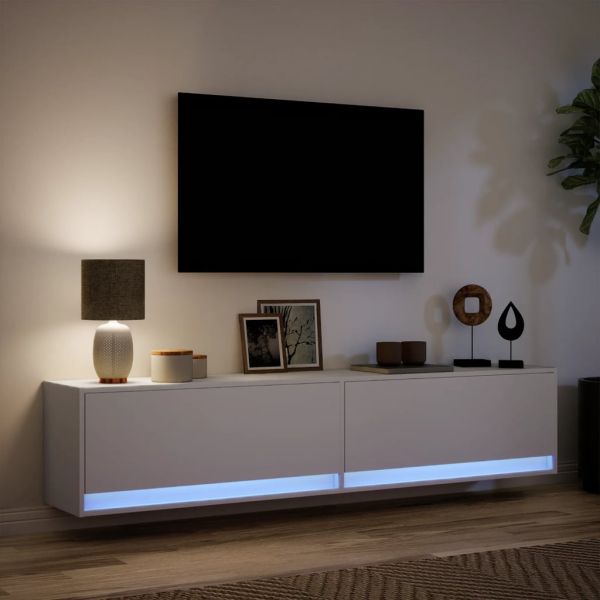 Стенен ТВ шкаф с LED, бял, 180x31x38 см