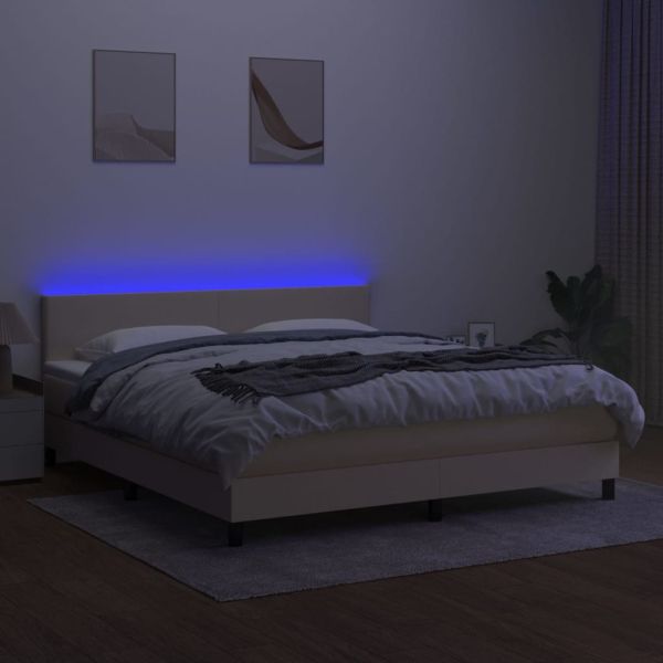 Боксспринг легло с матрак и LED, кремаво, 160x200 см, плат