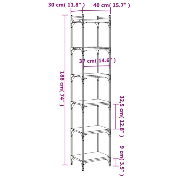 Библиотека 6 рафта опушен дъб 40x30x188 см инженерно дърво