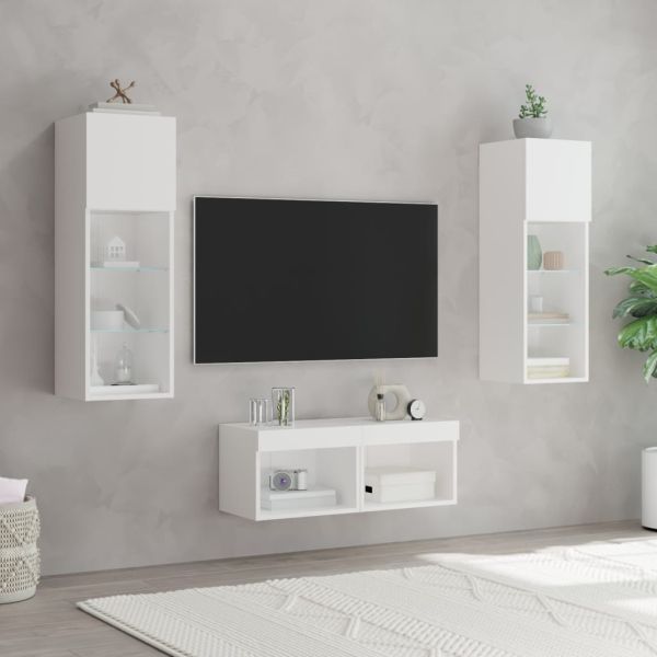 ТВ стенни шкафове, 4 части, с LED светлини, бели