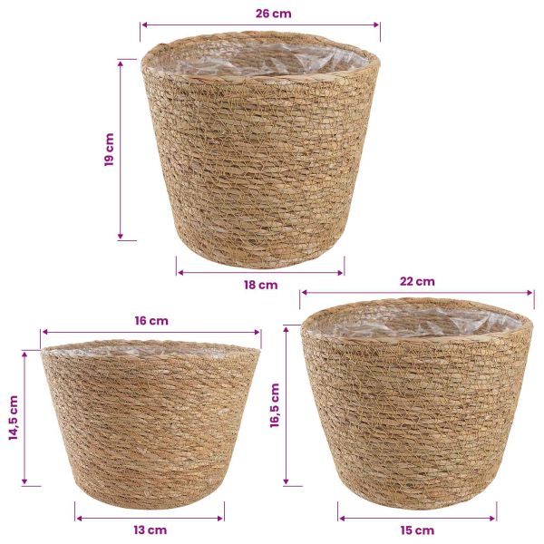 Кошници за растения от морска трева 3 pcs Натурално Ø26 x 19 см