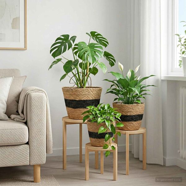 Кошници за растения от морска трева 3 pcs Естествено и черно