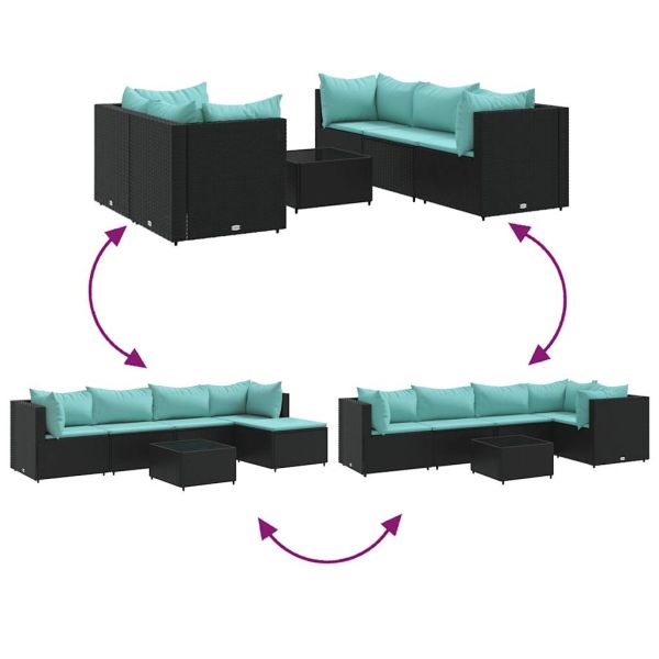 Градински комплект с възглавници, 6 части, черен, полиратан