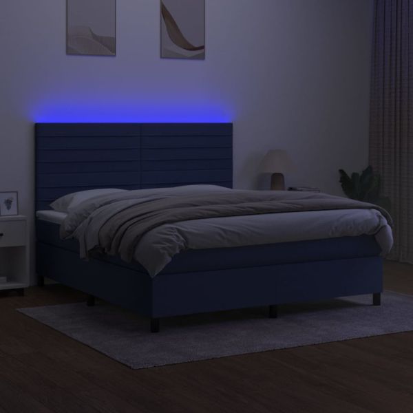 Боксспринг легло с матрак и LED, синьо, 180x200 см, плат