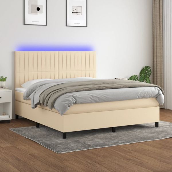 Боксспринг легло с матрак и LED, кремаво, 160x200 см, плат