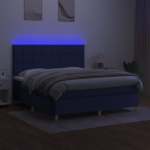 Боксспринг легло с матрак и LED, синьо, 180x200 см, плат
