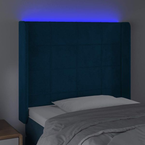 LED горна табла за легло, тъмносиня, 93x16x118/128 см, кадифе