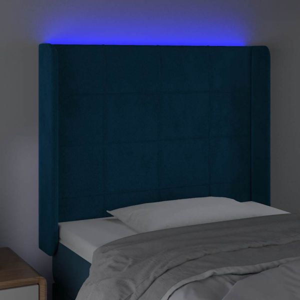 LED горна табла за легло, тъмносиня, 103x16x118/128 см, кадифе