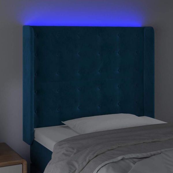 LED горна табла за легло, тъмносиня, 83x16x118/128 см, кадифе