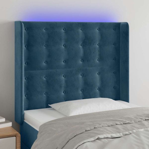 LED горна табла за легло, тъмносиня, 93x16x118/128 см, кадифе