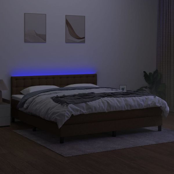 Боксспринг легло с матрак и LED, тъмнокафяво, 160x200 см, плат